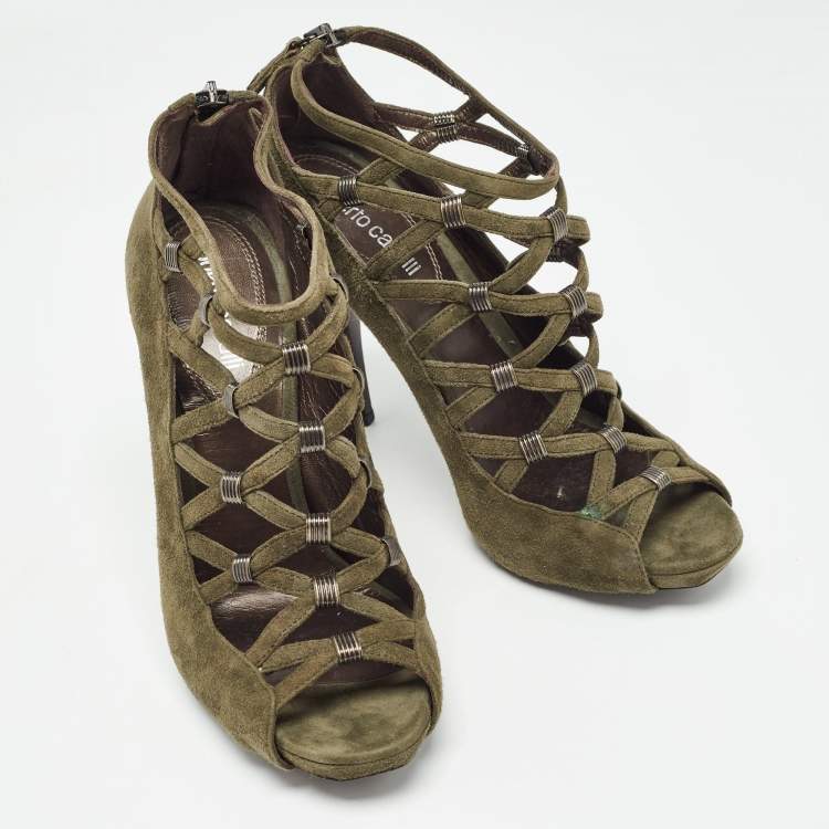 Pre Owned Roberto Cavalli Green Suede Strappy  Pumps Size 38.5 