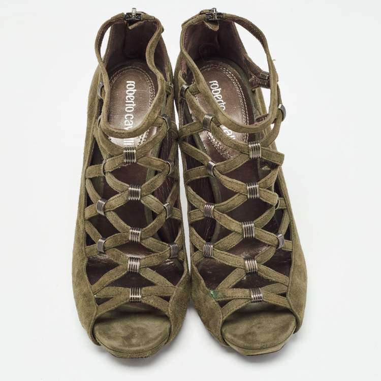 Pre Owned Roberto Cavalli Green Suede Strappy  Pumps Size 38.5 