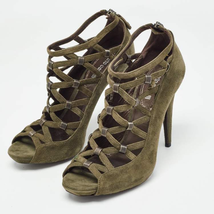 Pre Owned Roberto Cavalli Green Suede Strappy  Pumps Size 38.5 