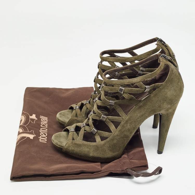 Pre Owned Roberto Cavalli Green Suede Strappy  Pumps Size 38.5 