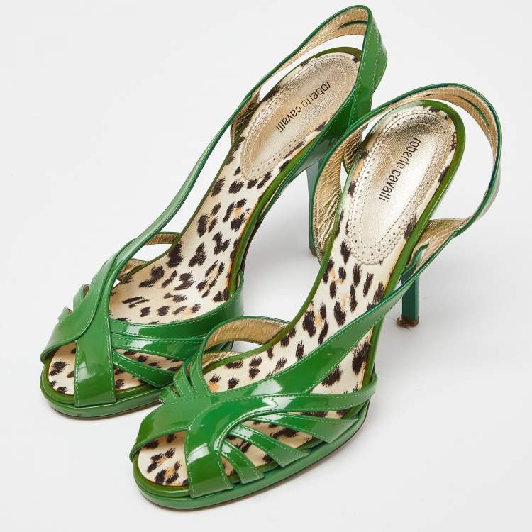 Pre Owned Roberto Cavalli Green Patent Leather Strappy Sandals Size 40
