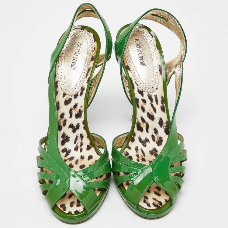 Pre Owned Roberto Cavalli Green Patent Leather Strappy Sandals Size 40