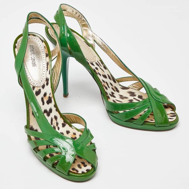 Pre Owned Roberto Cavalli Green Patent Leather Strappy Sandals Size 40