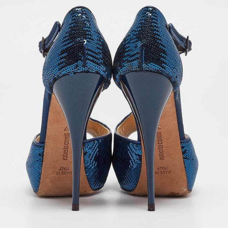 Pre Owned Roberto Cavalli Blue Sequins T-Strap Open Toe Platform Ankle Strap Sandals Size 37