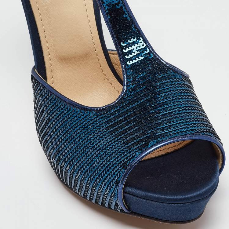 Pre Owned Roberto Cavalli Blue Sequins T-Strap Open Toe Platform Ankle Strap Sandals Size 37