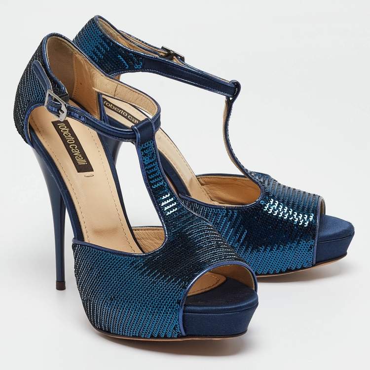 Pre Owned Roberto Cavalli Blue Sequins T-Strap Open Toe Platform Ankle Strap Sandals Size 37