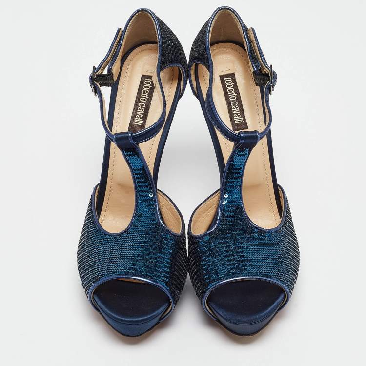 Pre Owned Roberto Cavalli Blue Sequins T-Strap Open Toe Platform Ankle Strap Sandals Size 37