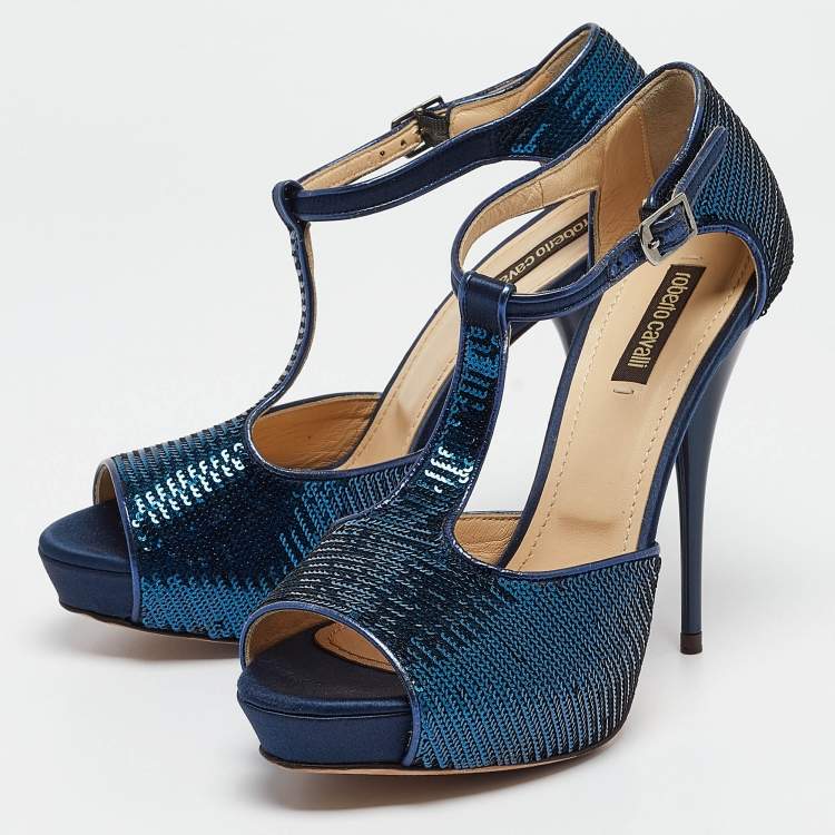 Pre Owned Roberto Cavalli Blue Sequins T-Strap Open Toe Platform Ankle Strap Sandals Size 37