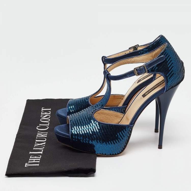 Pre Owned Roberto Cavalli Blue Sequins T-Strap Open Toe Platform Ankle Strap Sandals Size 37