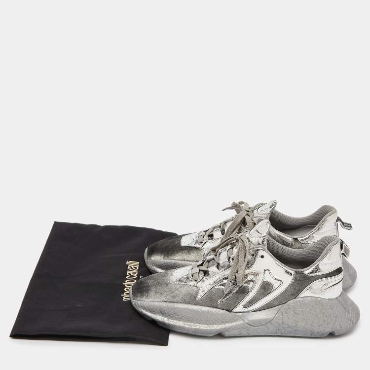 Pre Owned Roberto Cavalli Silver Calfhair and Laminated Leather V1per Lace Up Sneakers Size 40