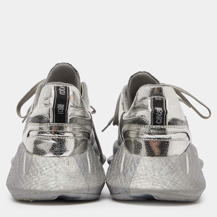 Pre Owned Roberto Cavalli Silver Calfhair and Laminated Leather V1per Lace Up Sneakers Size 40