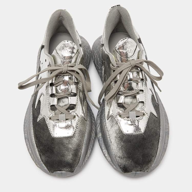 Pre Owned Roberto Cavalli Silver Calfhair and Laminated Leather V1per Lace Up Sneakers Size 40