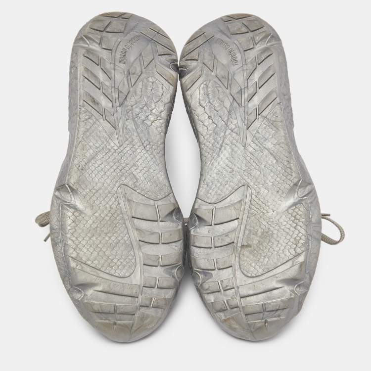 Pre Owned Roberto Cavalli Silver Calfhair and Laminated Leather V1per Lace Up Sneakers Size 40