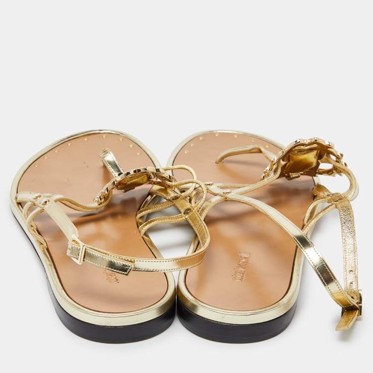 Pre Owned Roberto Cavalli Gold Laminated Leather Thong Ankle Strap Flat Sandals Size 36