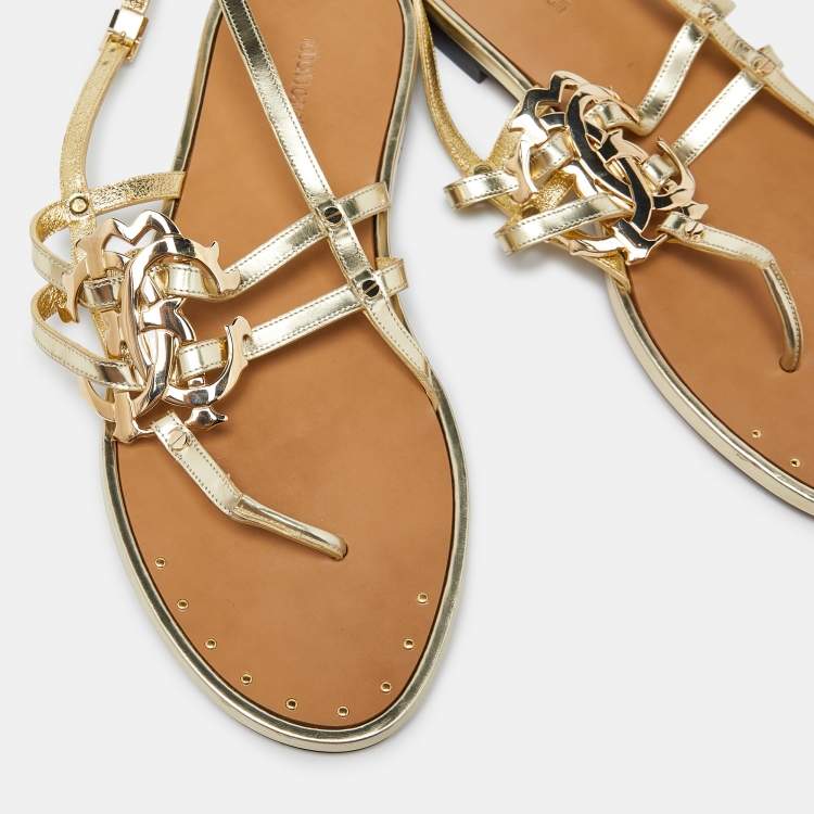 Pre Owned Roberto Cavalli Gold Laminated Leather Thong Ankle Strap Flat Sandals Size 36