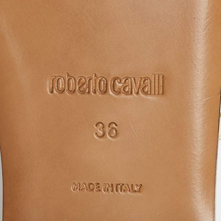 Pre Owned Roberto Cavalli Gold Laminated Leather Thong Ankle Strap Flat Sandals Size 36