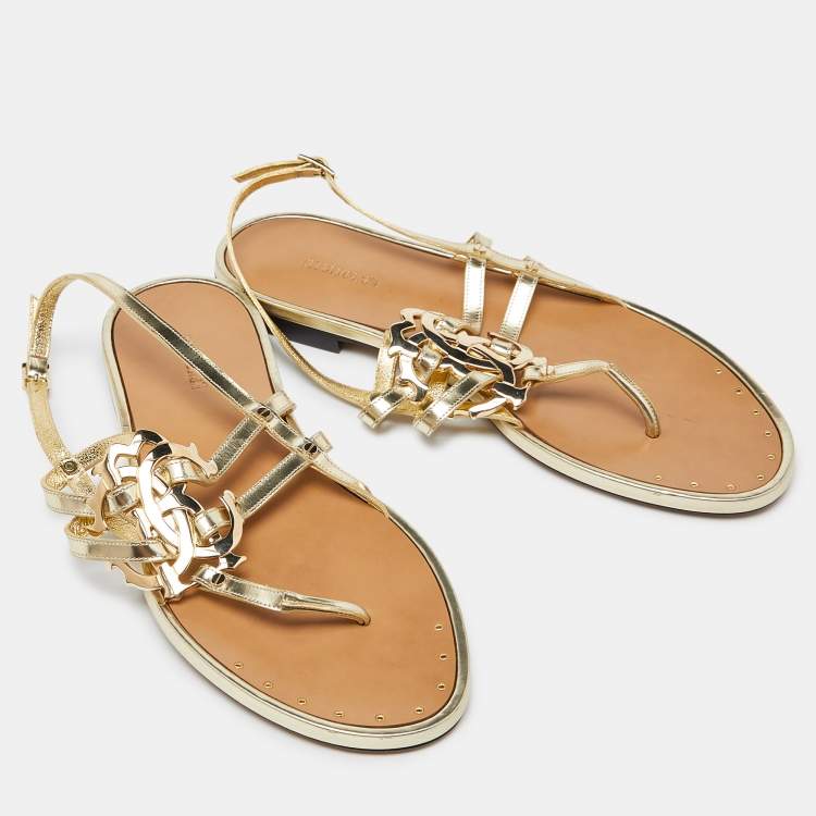 Pre Owned Roberto Cavalli Gold Laminated Leather Thong Ankle Strap Flat Sandals Size 36