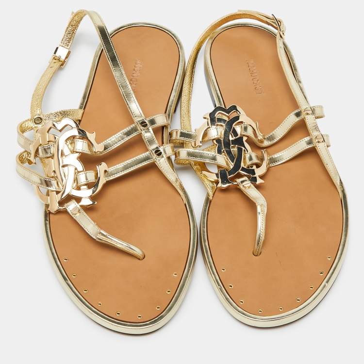 Pre Owned Roberto Cavalli Gold Laminated Leather Thong Ankle Strap Flat Sandals Size 36