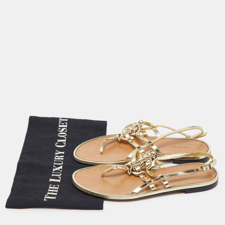 Pre Owned Roberto Cavalli Gold Laminated Leather Thong Ankle Strap Flat Sandals Size 36