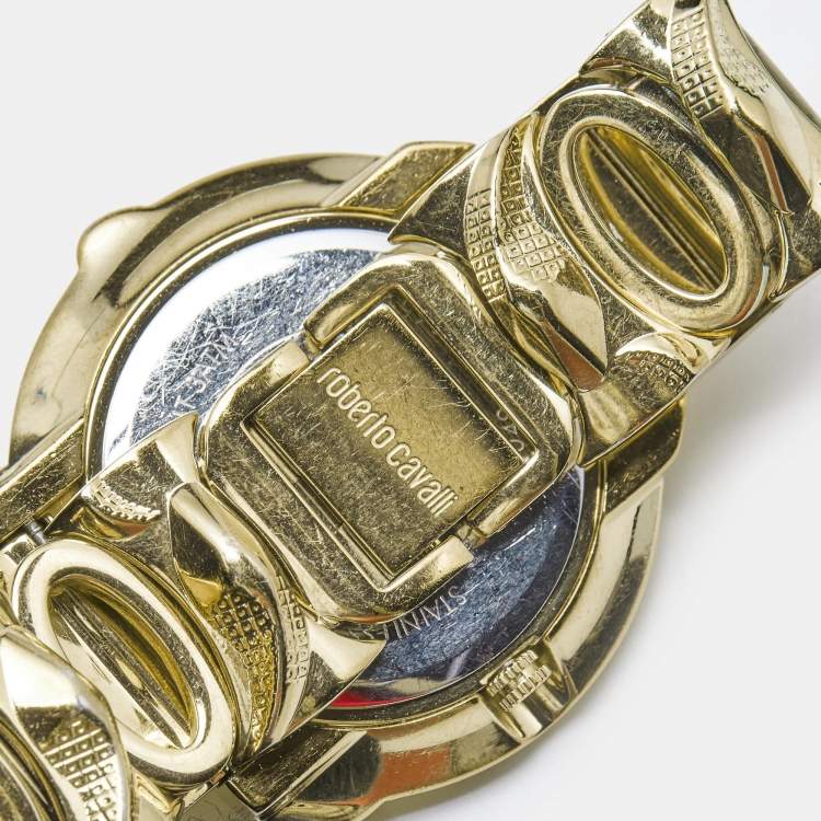 Pre Owned Roberto Cavalli Champagne Yellow Gold Plated Stainless Steel Snake R7253165517 Women's Wristwatch 37 mm