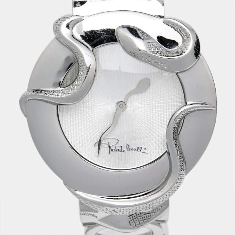 Pre Owned Roberto Cavalli Silver Stainless Steel Snake R7253165515 Women's Wristwatch 37 mm