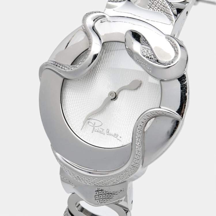 Pre Owned Roberto Cavalli Silver Stainless Steel Snake R7253165515 Women's Wristwatch 37 mm