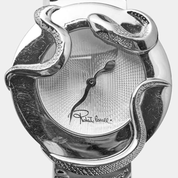 Pre Owned Roberto Cavalli Silver Stainless Steel Snake R7253165515 Women's Wristwatch 37 mm