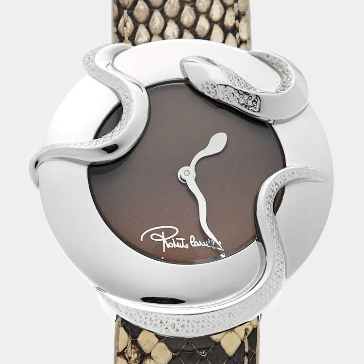 Pre Owned Roberto Cavalli Brown Stainless Steel Python Leather Snake SWL010 Women's Wristwatch 37 mm