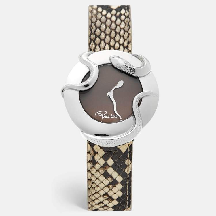 Pre Owned Roberto Cavalli Brown Stainless Steel Python Leather Snake SWL010 Women's Wristwatch 37 mm