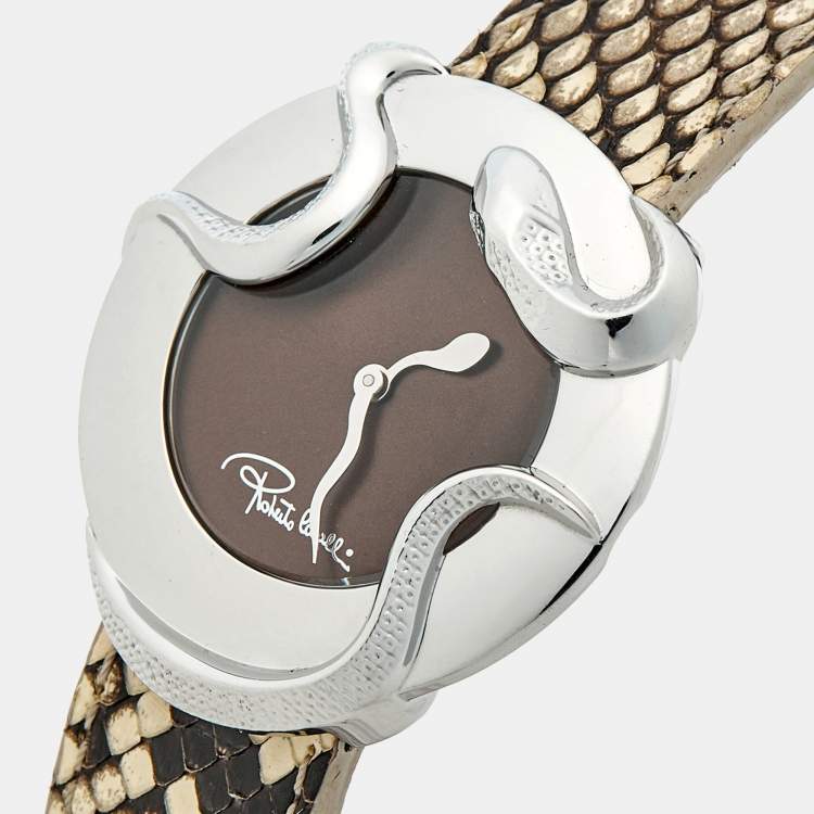 Pre Owned Roberto Cavalli Brown Stainless Steel Python Leather Snake SWL010 Women's Wristwatch 37 mm