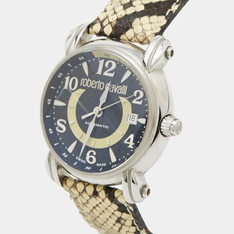 Pre Owned Roberto Cavalli Anniversary R7221172025 Dark Brown Stainless Steel Python Leather Unisex Wristwatch 43 mm