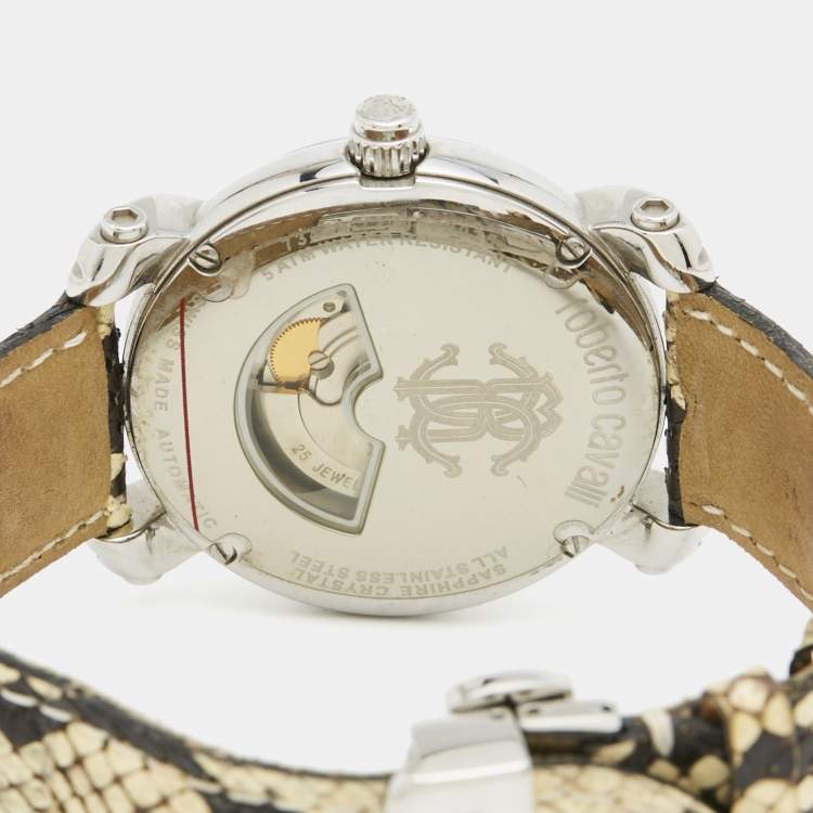 Pre Owned Roberto Cavalli Anniversary R7221172025 Dark Brown Stainless Steel Python Leather Unisex Wristwatch 43 mm