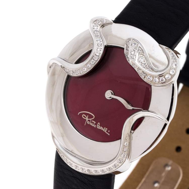 Pre Owned Roberto Cavalli Maroon Stainless Steel Diamonds Snake 7251165523 Women's Wristwatch 38 MM