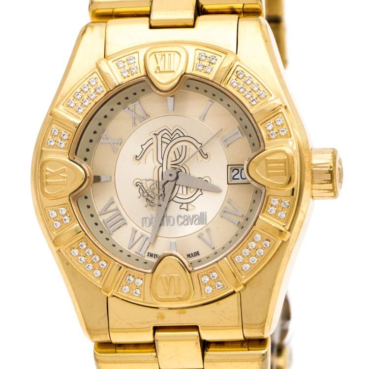Pre Owned Roberto Cavalli Gold Plated Stainless Steel 'Diamond Time' 7253116565 Women's Wristwatch 38 mm