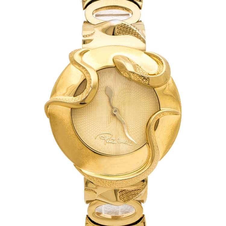 Pre Owned Roberto Cavalli Yellow Gold Plated Stainless Steel Snake Women's Wristwatch 37 mm