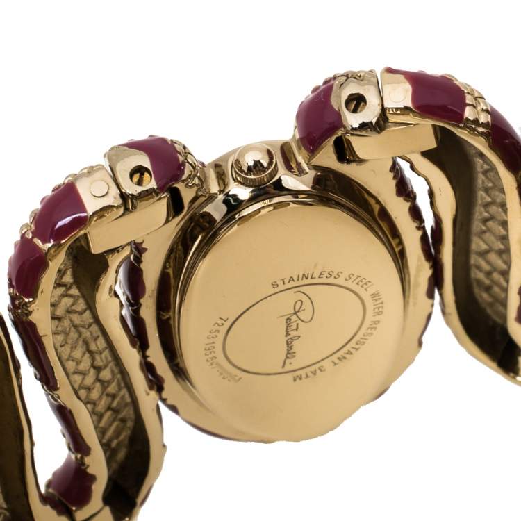 Pre Owned Roberto Cavalli Gold Plated Stainless Steel Burgundy Cleopatra R7253195647 Women's Wristwatch 42 mm