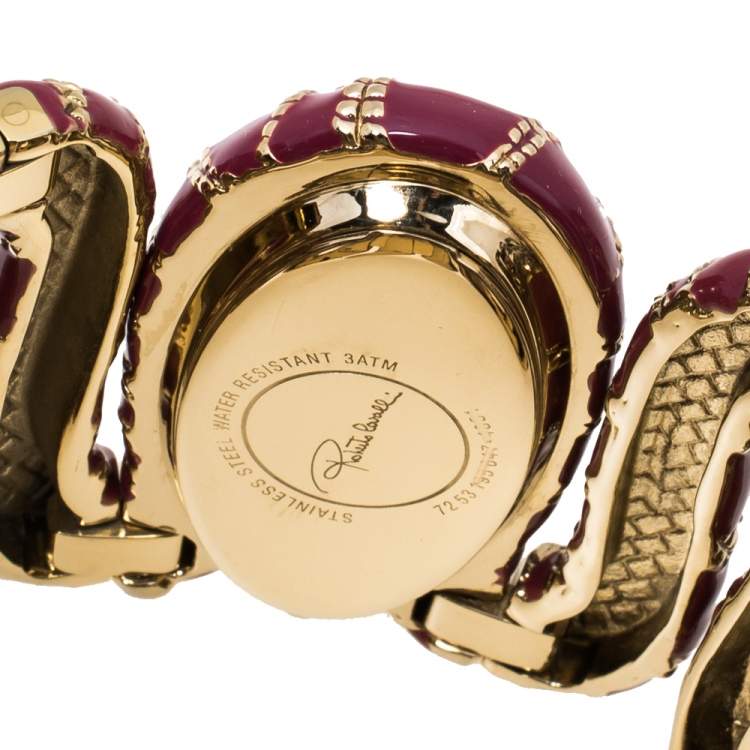 Pre Owned Roberto Cavalli Gold Plated Stainless Steel Burgundy Cleopatra R7253195647 Women's Wristwatch 42 mm
