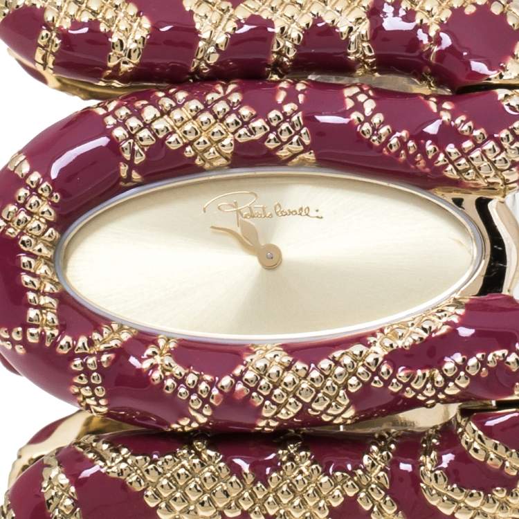 Pre Owned Roberto Cavalli Gold Plated Stainless Steel Burgundy Cleopatra R7253195647 Women's Wristwatch 42 mm