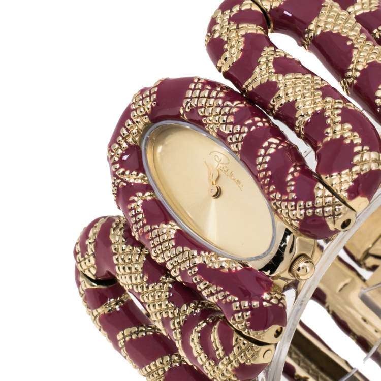 Pre Owned Roberto Cavalli Gold Plated Stainless Steel Burgundy Cleopatra R7253195647 Women's Wristwatch 42 mm