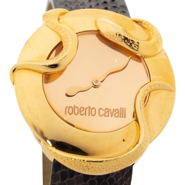 Pre Owned Roberto Cavalli Rose Gold Plated Stainless Steel Python Leather Snake R7251165917 Women's Wristwatch 37 mm