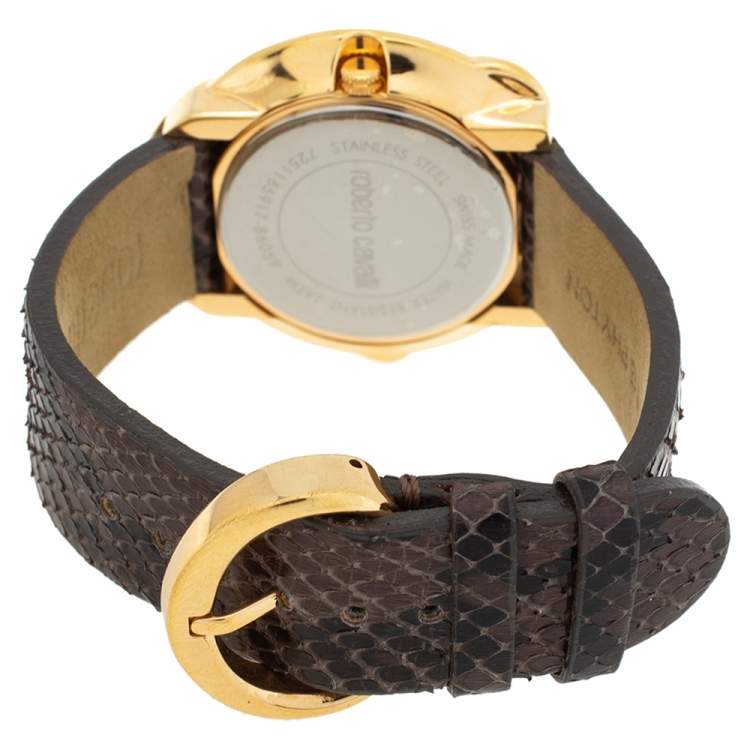 Pre Owned Roberto Cavalli Rose Gold Plated Stainless Steel Python Leather Snake R7251165917 Women's Wristwatch 37 mm