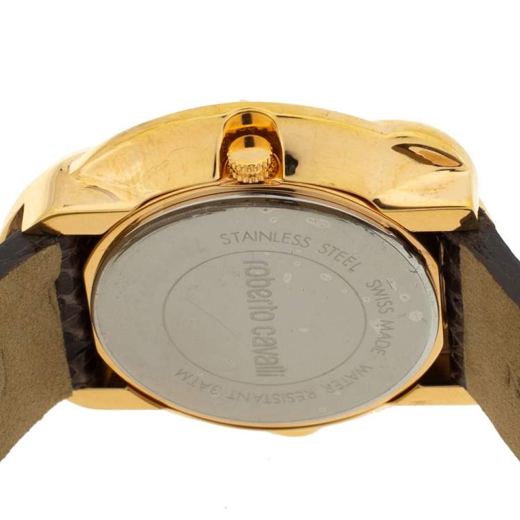 Pre Owned Roberto Cavalli Rose Gold Plated Stainless Steel Python Leather Snake R7251165917 Women's Wristwatch 37 mm