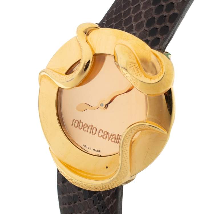 Pre Owned Roberto Cavalli Rose Gold Plated Stainless Steel Python Leather Snake R7251165917 Women's Wristwatch 37 mm