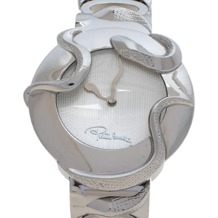 Pre Owned Roberto Cavalli Silver Stainless Steel Snake R7253165515 Women's Wristwatch 37 mm