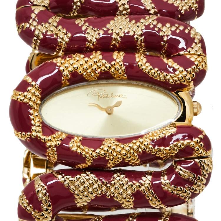 Pre Owned Roberto Cavalli Gold Ruby Red Stainless Steel Cleopatra Quartz Women's Wristwatch 40M