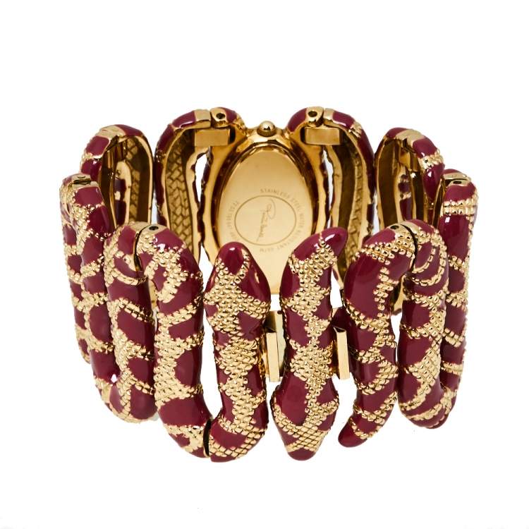Pre Owned Roberto Cavalli Gold Ruby Red Stainless Steel Cleopatra Quartz Women's Wristwatch 40M