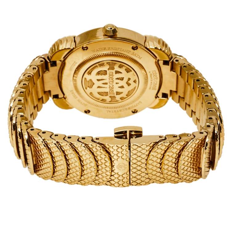 Pre Owned Roberto Cavalli By Frank Muller Green Gold Plated Stainless Steel Diamond Women's Wristwatch 34 mm
