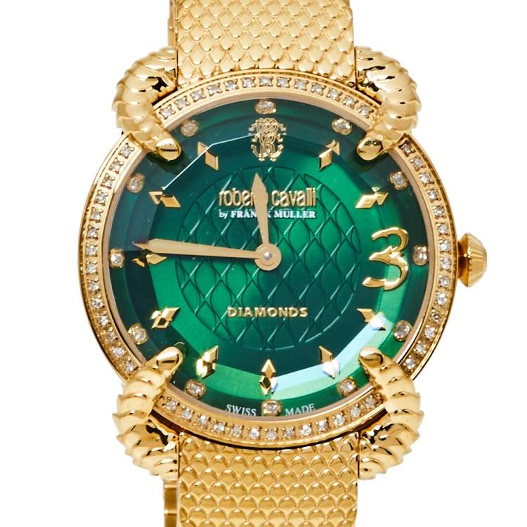 Pre Owned Roberto Cavalli By Frank Muller Green Gold Plated Stainless Steel Diamond Women's Wristwatch 34 mm