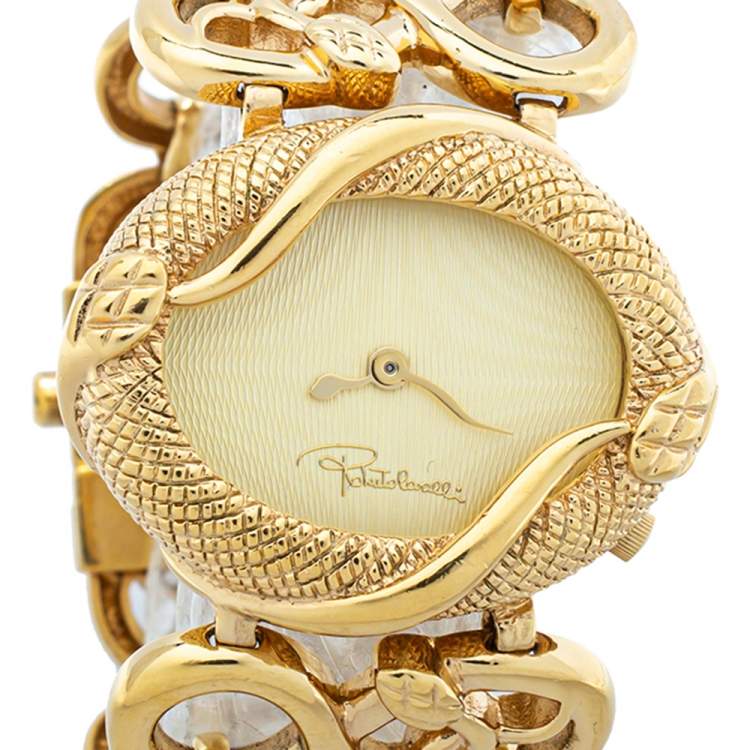 Pre Owned Roberto Cavalli Gold Tone Stainless Steel Snake Women's Wristwatch 34mm