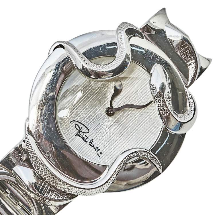 Pre Owned Roberto Cavalli Silver Stainless Steel Snake R7253165515 Women's Wristwatch 37 mm